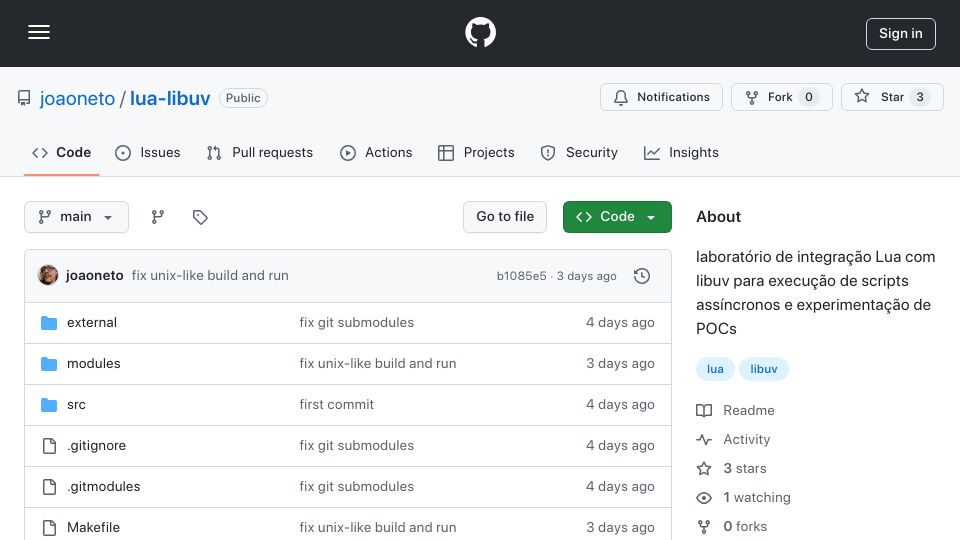 Screenshot of github.com: Show HN: Lua-libuv – A Lua with libuv experiments
