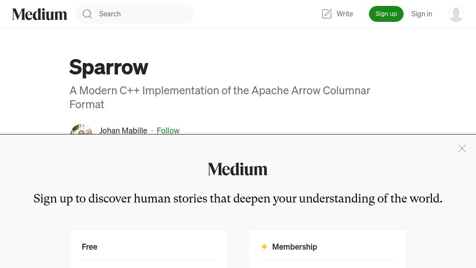 Screenshot of johan-mabille.medium.com: Sparrow, a Modern C++ Implementation of the Apache Arrow Columnar Format