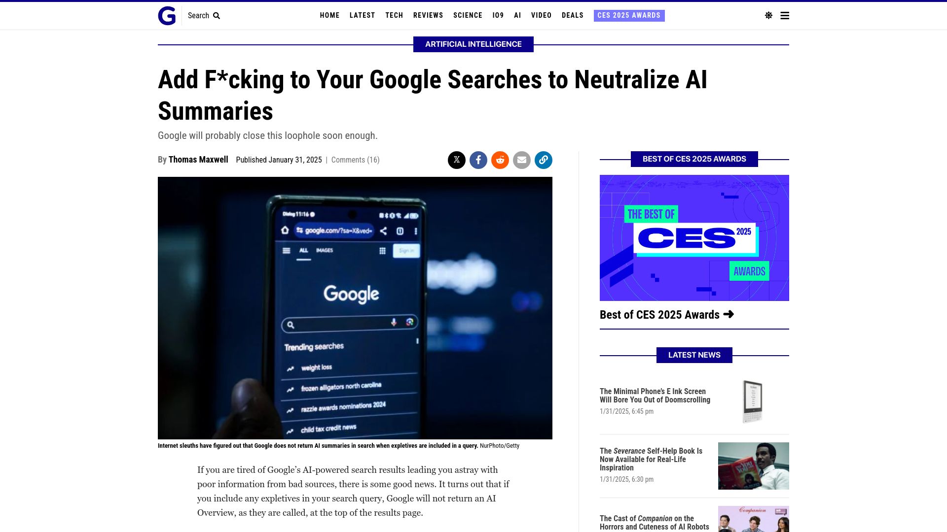 Screenshot of gizmodo.com: Add "fucking" to your Google searches to neutralize AI summaries