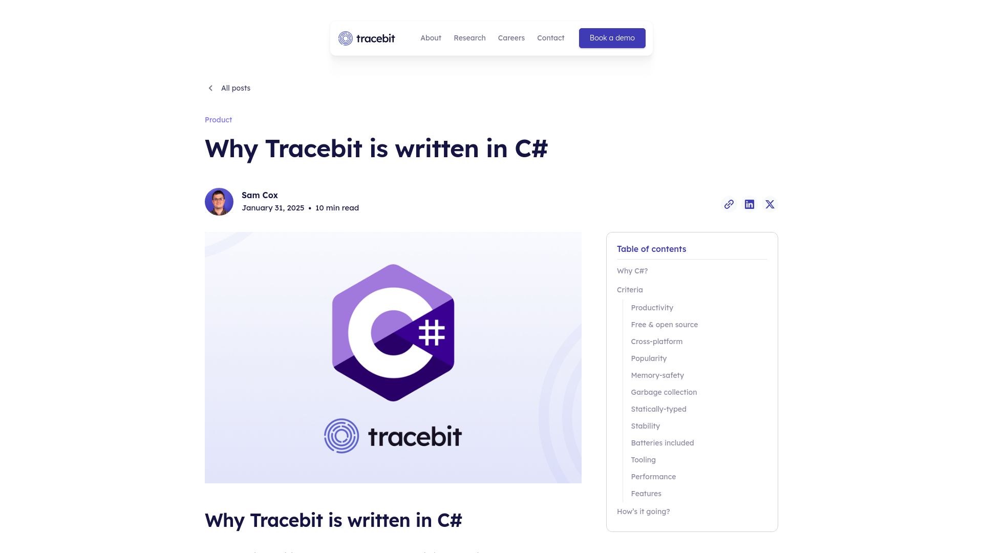 Screenshot of tracebit.com: Why Tracebit is written in C#