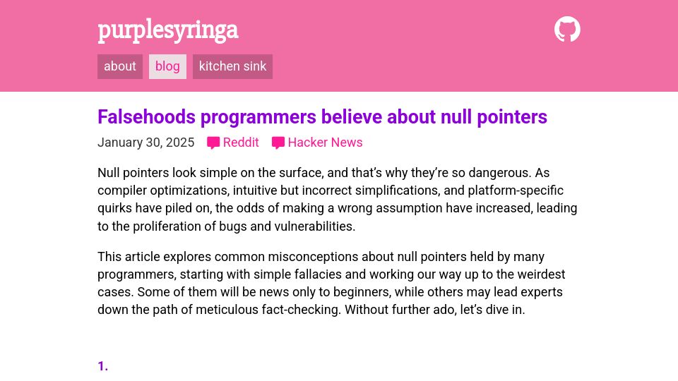 Screenshot of purplesyringa.moe: Falsehoods programmers believe about null pointers