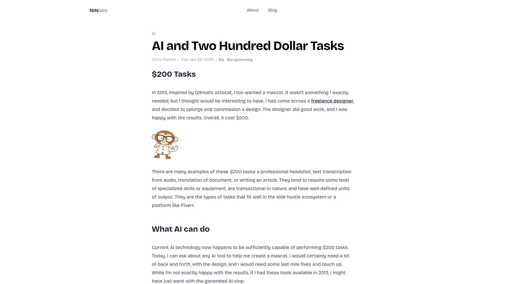 Screenshot of blog.ninlabs.com: AI and Two Hundred Dollar Tasks