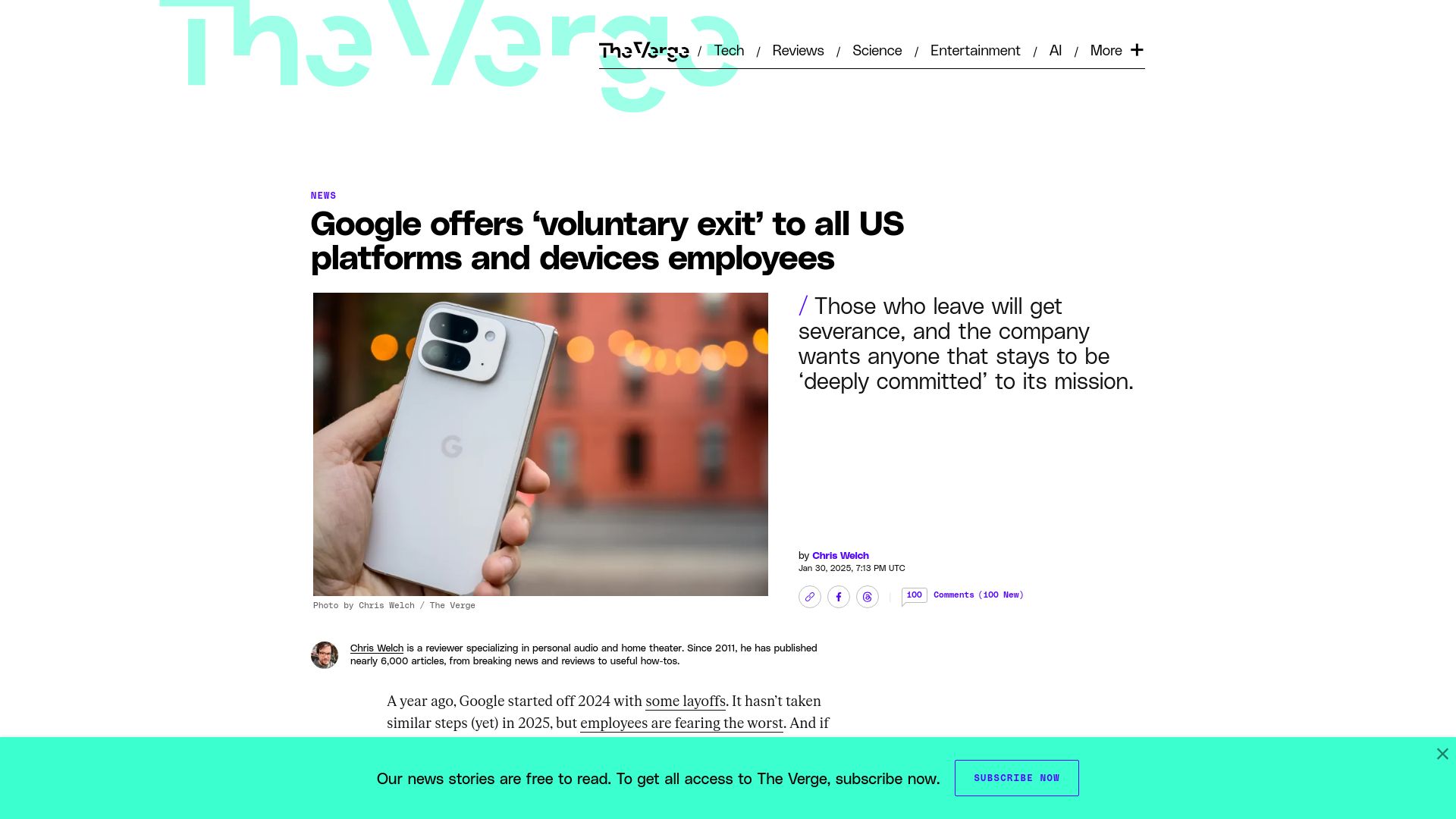 Screenshot of theverge.com: Google offers 'voluntary exit' to all US platforms and devices employees