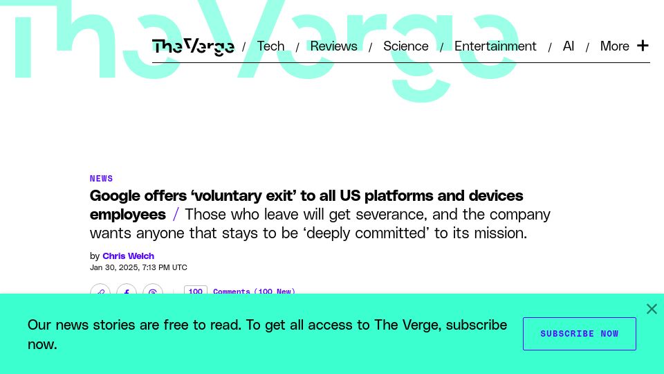 Screenshot of theverge.com: Google offers 'voluntary exit' to all US platforms and devices employees