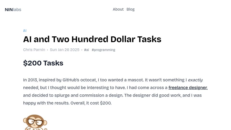 Screenshot of blog.ninlabs.com: AI and Two Hundred Dollar Tasks