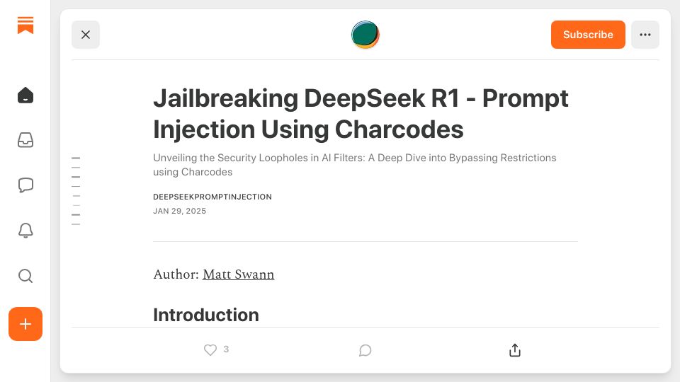 Screenshot of substack.com: Bypass DeepSeek censorship by speaking in hex