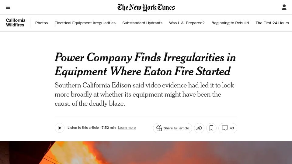 Screenshot of nytimes.com: L.A. power utility found irregularities on equipment where wildfire broke out