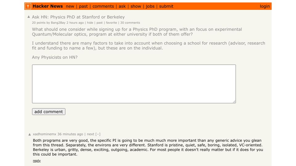 Screenshot of Hacker News post: Ask HN: Physics PhD at Stanford or Berkeley