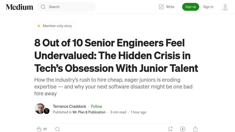 Screenshot of medium.com: The Crisis in Tech's Obsession with Junior Talent