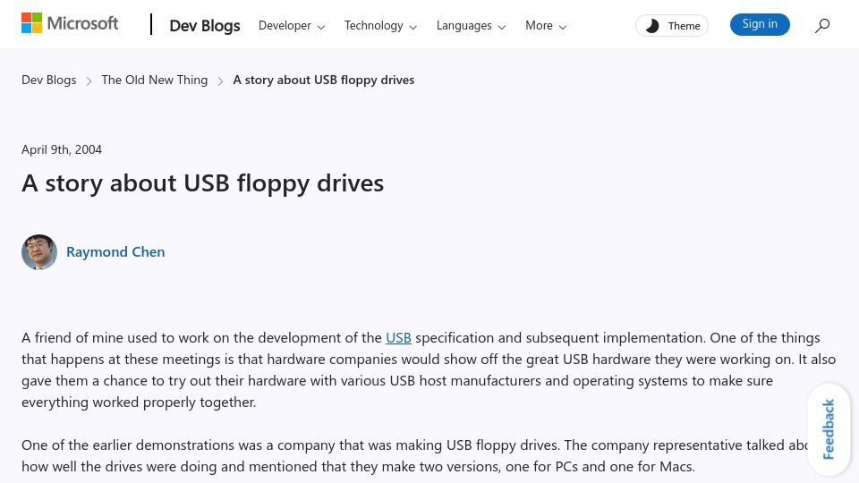 Screenshot of devblogs.microsoft.com: A story about USB floppy drives (2004)