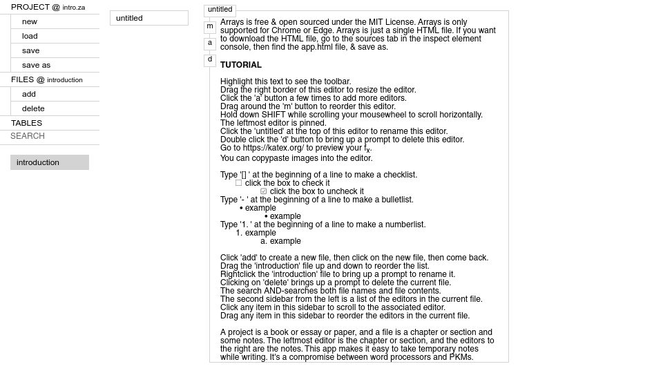 Screenshot of zeminary.com: Show HN: Infinite horizontal arrays of text editors