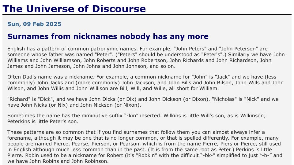 Screenshot of blog.plover.com: Surnames from nicknames nobody has any more