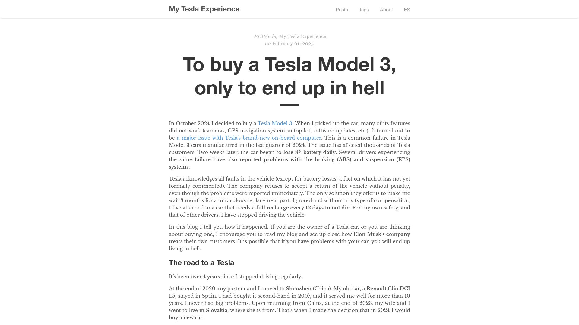 Screenshot of myteslaexperience.com: To buy a Tesla Model 3, only to end up in hell