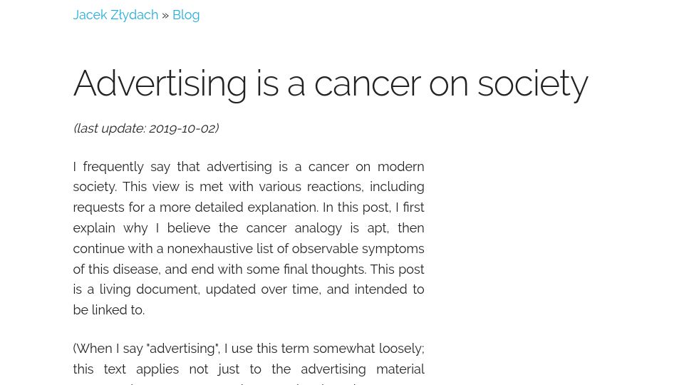 Screenshot of jacek.zlydach.pl: Advertising Is a Cancer on Society
