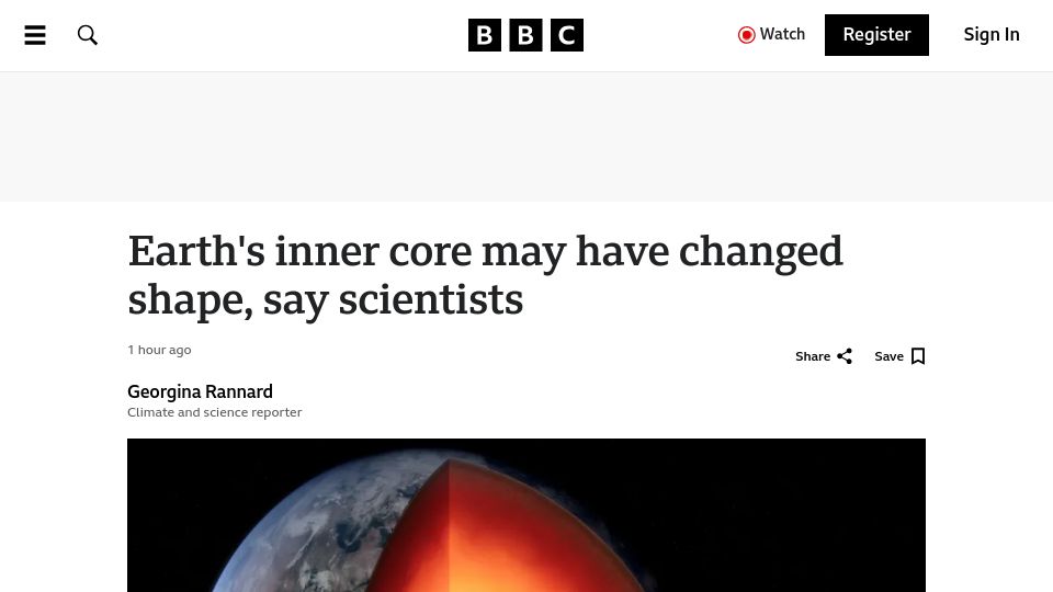 Screenshot of bbc.co.uk: Earth's inner core may have changed shape, say scientists