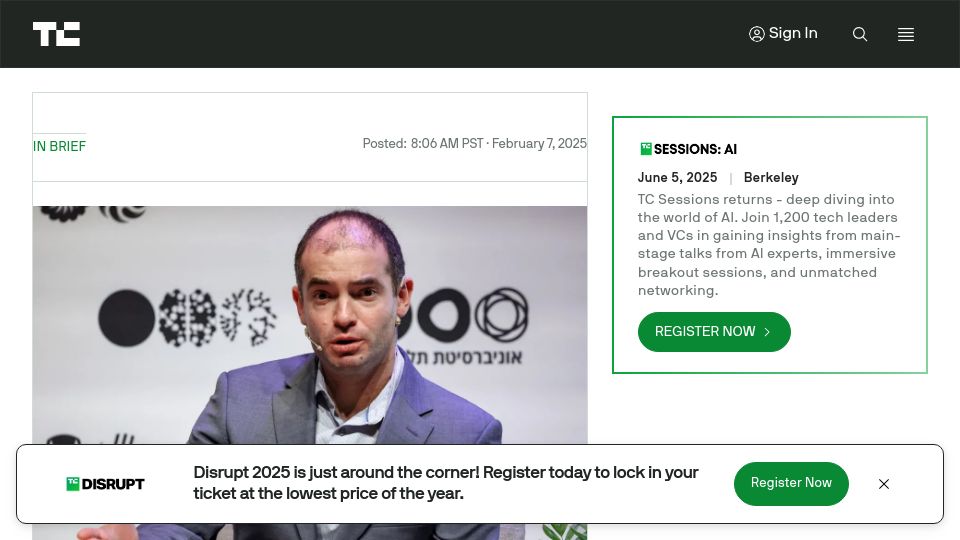 Screenshot of techcrunch.com: Ilya Sutskever's startup in talks to fundraise at roughly $20B valuation