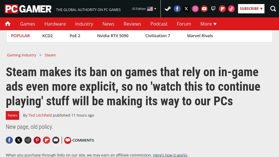 Screenshot of pcgamer.com: Steam makes its ban on in-game ads explicit