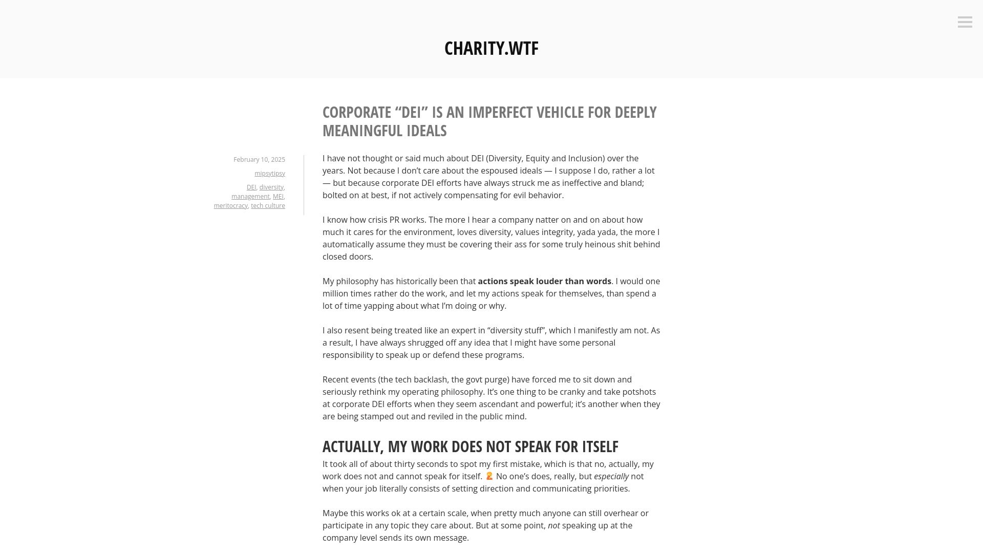 Screenshot of charity.wtf: Corporate "DEI" is an imperfect vehicle for deeply meaningful ideas