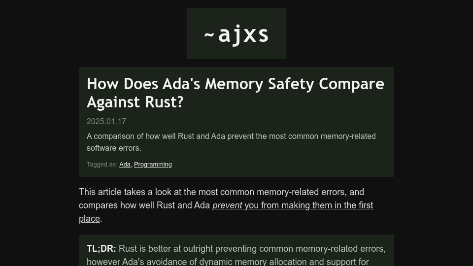 Screenshot of ajxs.me: How does Ada's memory safety compare against Rust?