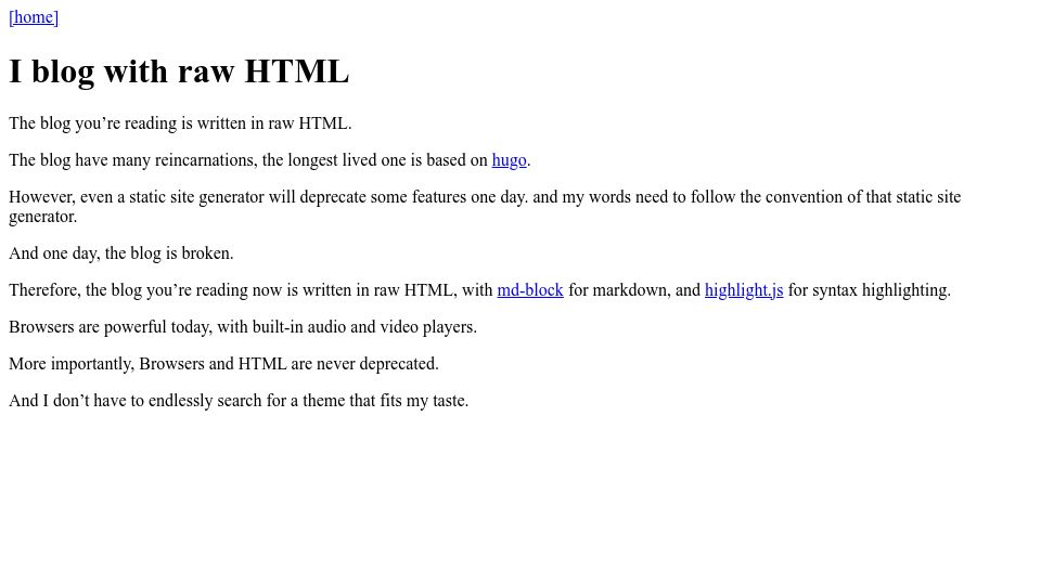 Screenshot of devpoga.org: I Blog with Raw HTML