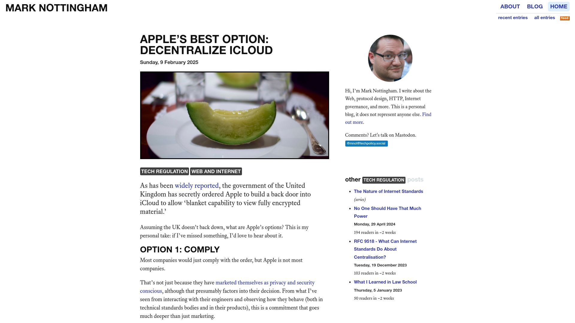 Screenshot of mnot.net: Apple's Best Option: Decentralize iCloud