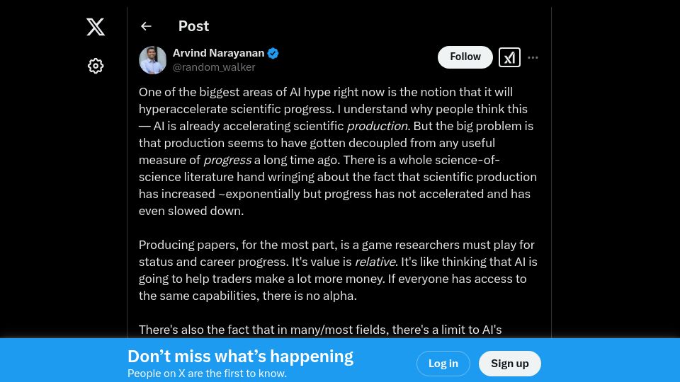 Screenshot of twitter.com: AI is accelerating scientific production, not progress