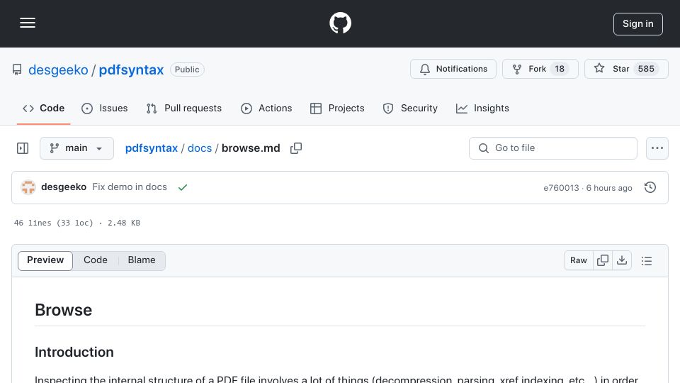 Screenshot of github.com: Show HN: HTML visualization of a PDF file's internal structure