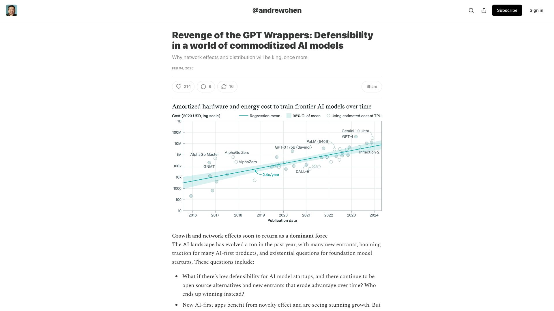 Screenshot of andrewchen.substack.com: Revenge of the GPT Wrappers: Defensibility in a world of commoditized AI models