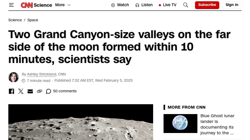 Screenshot of cnn.com: Two Grand Canyon-size valleys on far side of the moon formed within 10 minutes