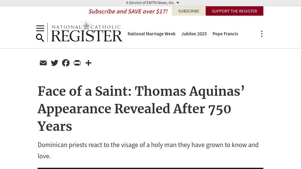 Screenshot of ncregister.com: Thomas Aquinas' skull reveals appearance and cause of death