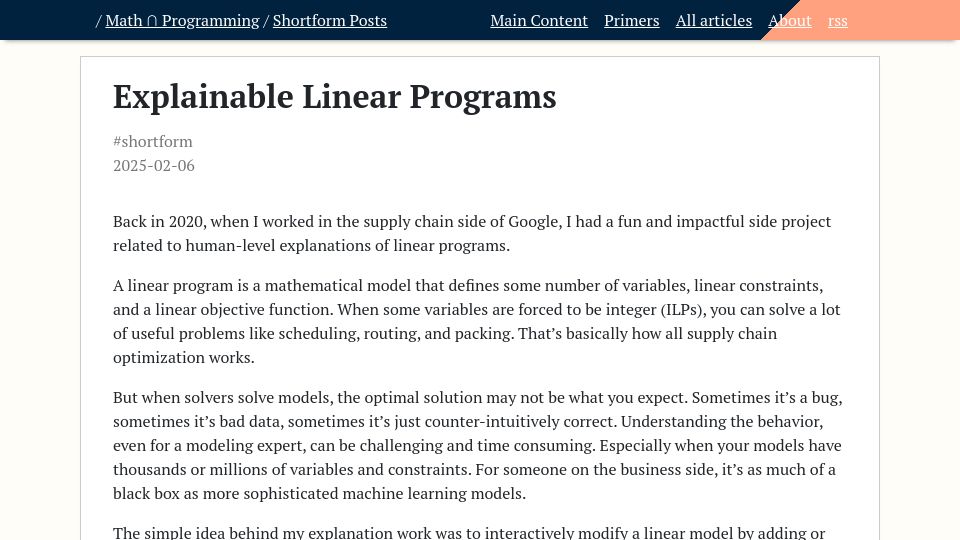 Screenshot of jeremykun.com: Explainable Linear Programs