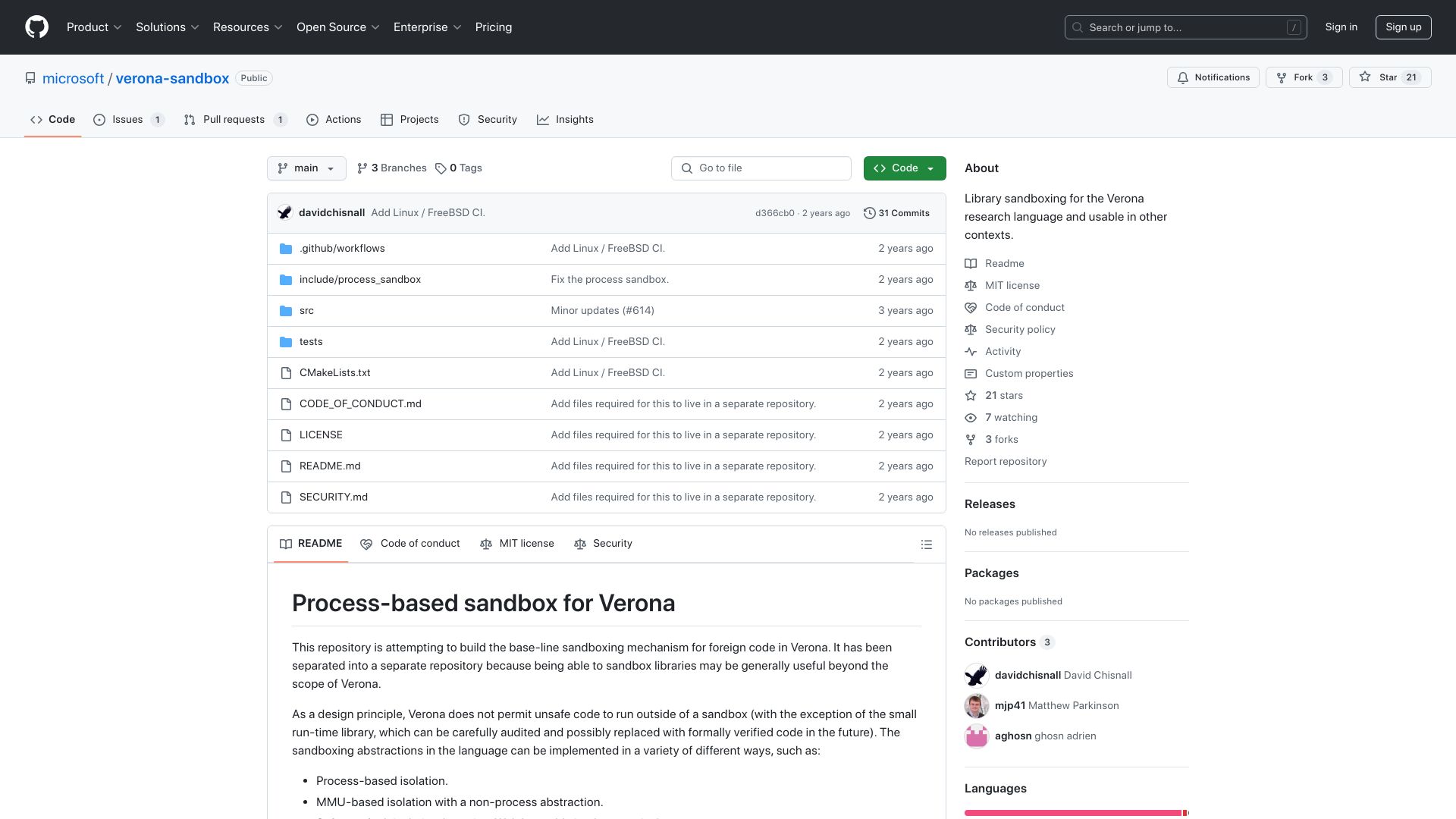 Screenshot of github.com: Library Sandboxing for Verona