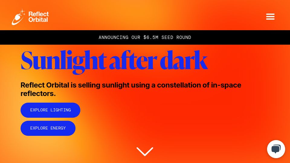 Screenshot of reflectorbital.com: Reflect Orbital: Sunlight after dark using a constellation of spatial reflectors