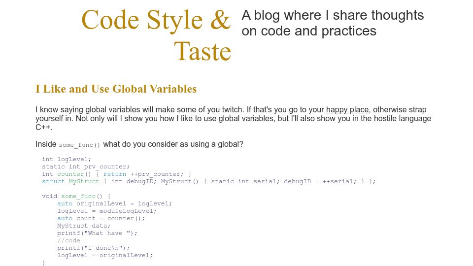 Screenshot of codestyleandtaste.com: I Like and Use Global Variables
