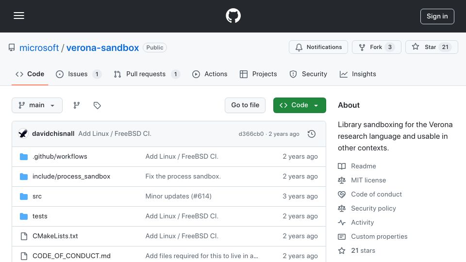 Screenshot of github.com: Library Sandboxing for Verona