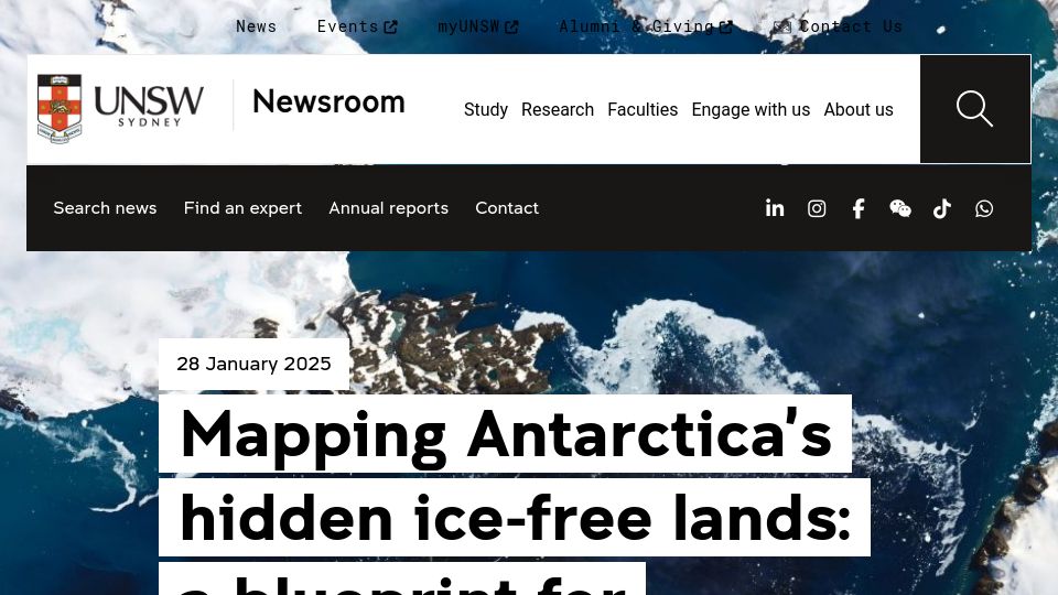 Screenshot of unsw.edu.au: Mapping Antarctica’s hidden ice-free lands: a blueprint for conservation