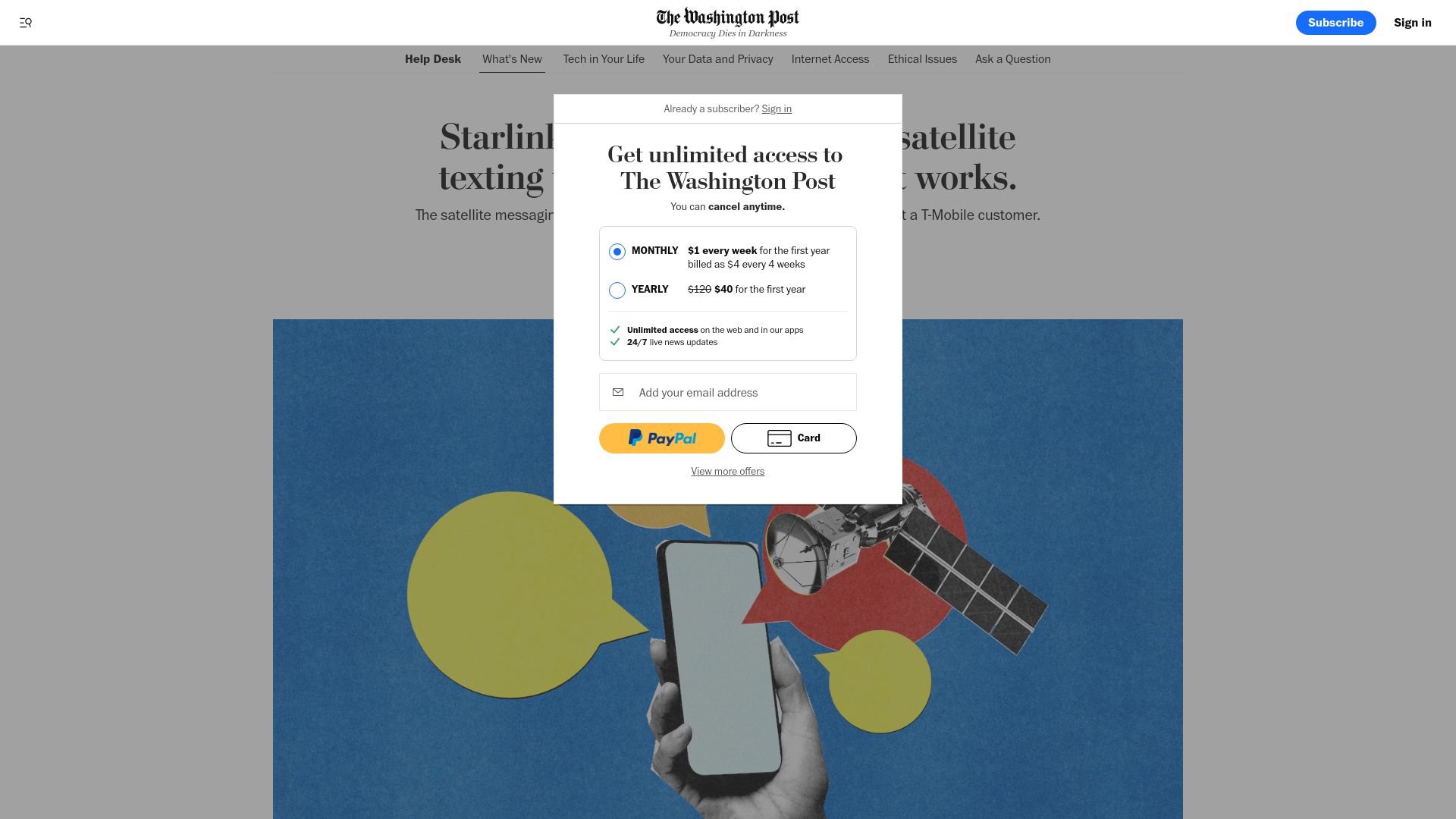 Screenshot of washingtonpost.com: Starlink and T-Mobile open satellite texting test to all – not just customers