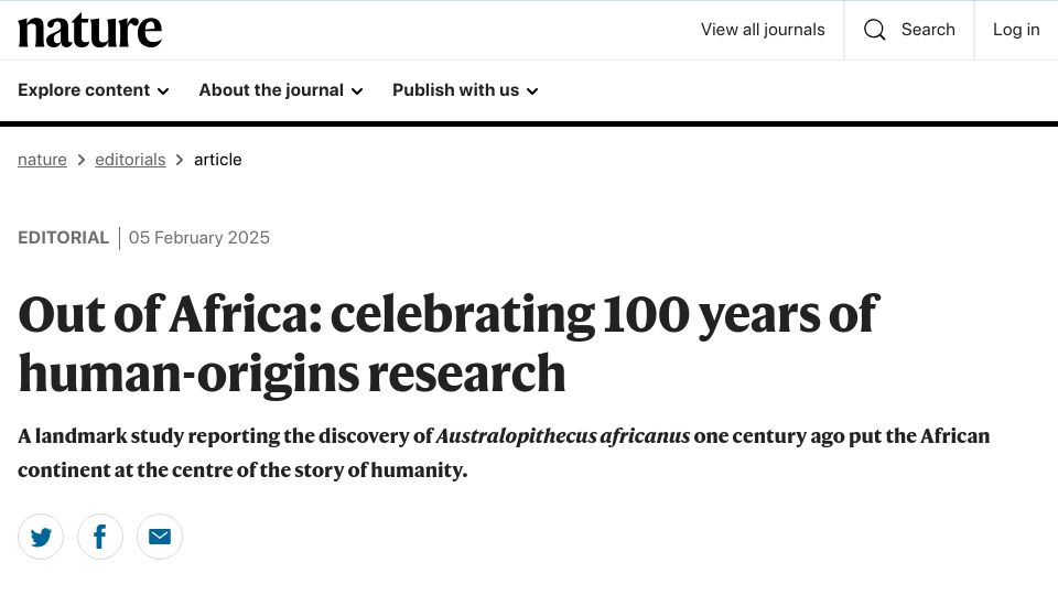 Screenshot of nature.com: Out of Africa: celebrating 100 years of human-origins research