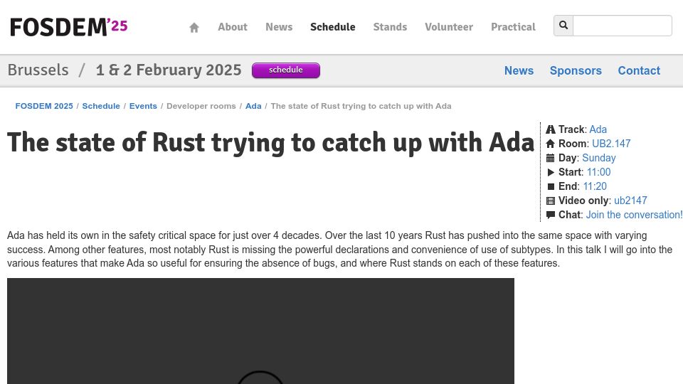 Screenshot of fosdem.org: The state of Rust trying to catch up with Ada [video]