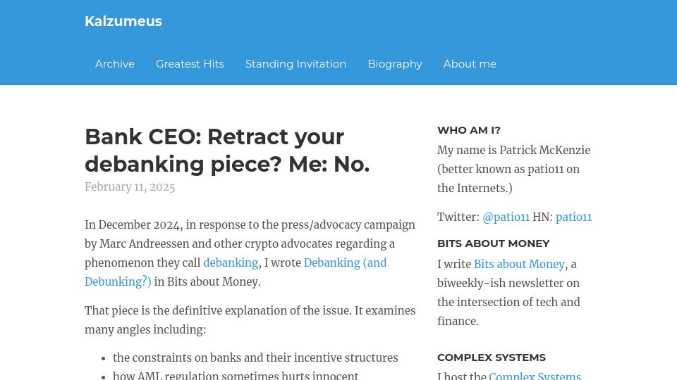 Screenshot of kalzumeus.com: Bank CEO: Retract your debanking piece? Me: No