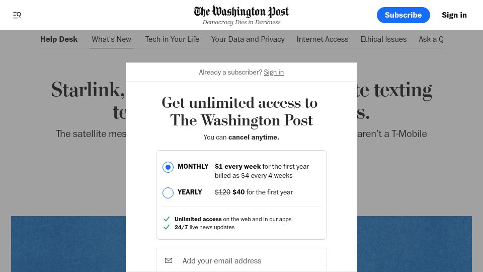 Screenshot of washingtonpost.com: Starlink and T-Mobile open satellite texting test to all – not just customers