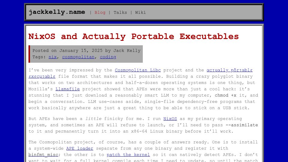 Screenshot of jackkelly.name: NixOS and Portable Executables