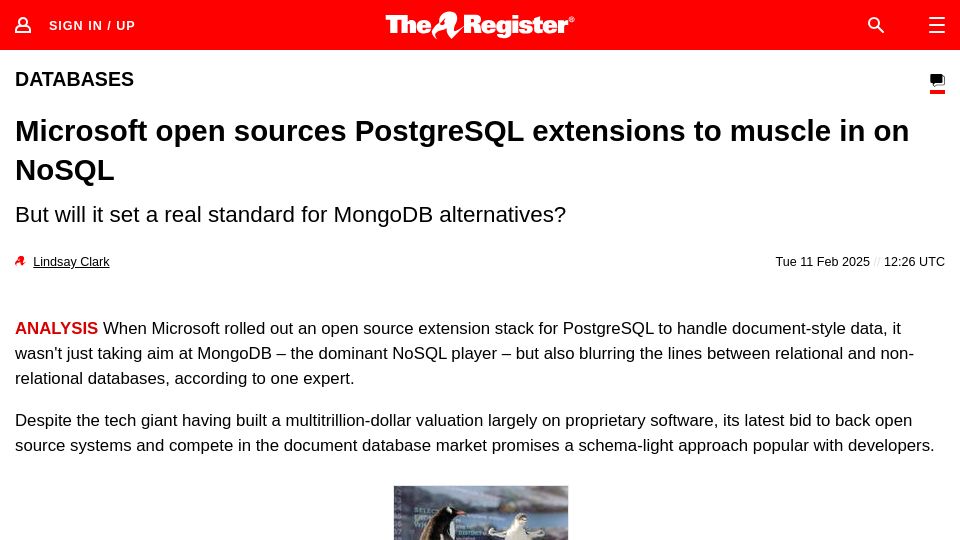 Screenshot of theregister.com: Microsoft open sources PostgreSQL extensions to muscle in on NoSQL