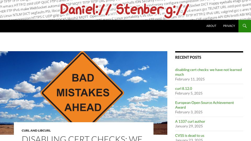 Screenshot of daniel.haxx.se: Disabling cert checks: we have not learned much