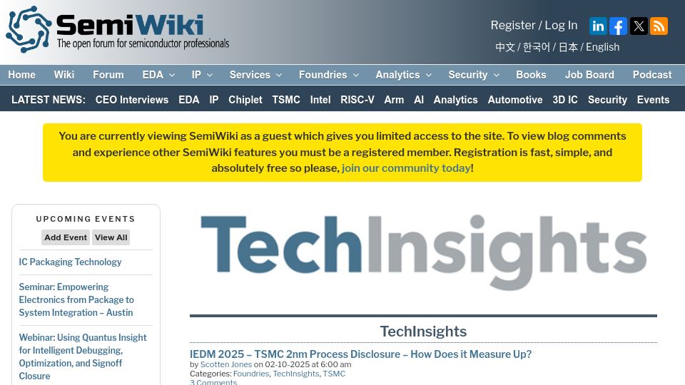 Screenshot of semiwiki.com: TSMC 2nm Process Disclosure – How Does It Measure Up?
