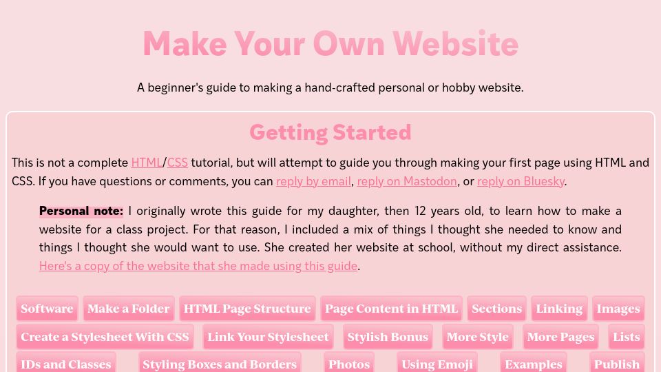 Screenshot of web.pixelshannon.com: Make Your Own Website: A beginner's guide