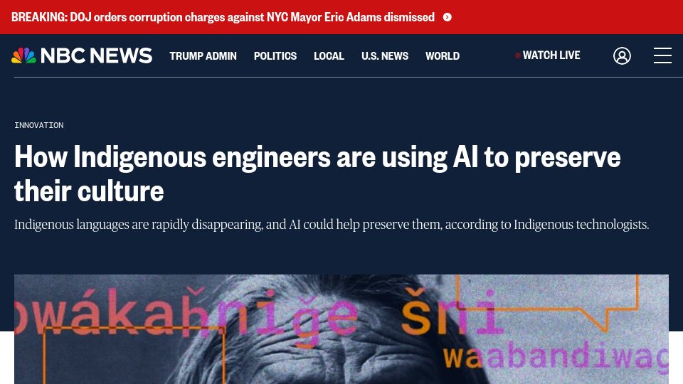 Screenshot of nbcnews.com: Indigenous engineers are using AI to preserve their culture