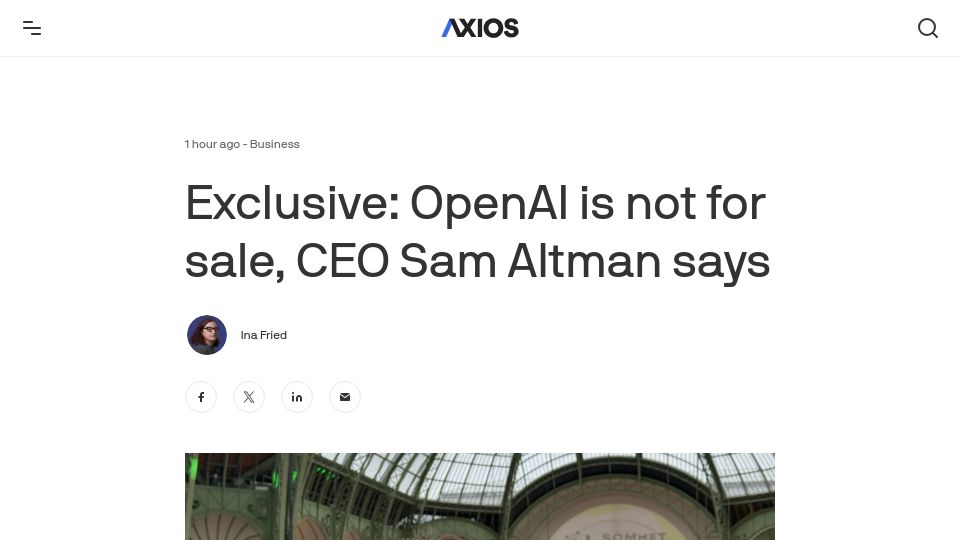 Screenshot of axios.com: Altman: OpenAI not for sale, especially to competitor who is not able to beat us