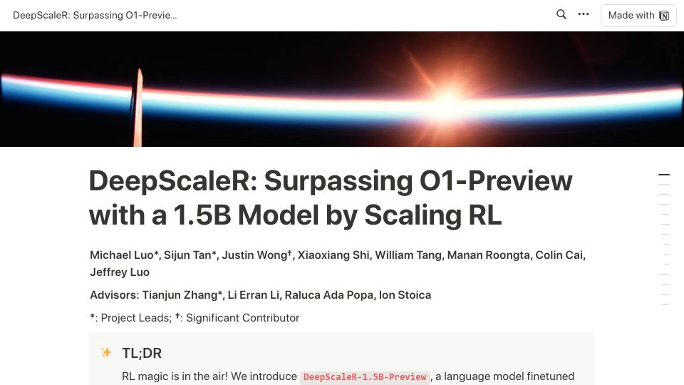 Screenshot of pretty-radio-b75.notion.site: DeepScaleR: Surpassing O1-Preview with a 1.5B Model by Scaling RL