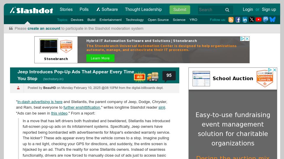Screenshot of tech.slashdot.org: Jeep Introduces Pop-Up Ads That Appear Every Time You Stop